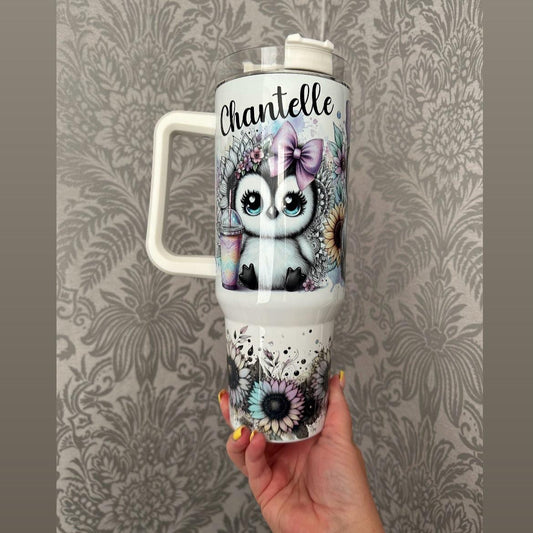 Cute penguin design 40oz quencher cup, sunflowers. Can be personalised upon request