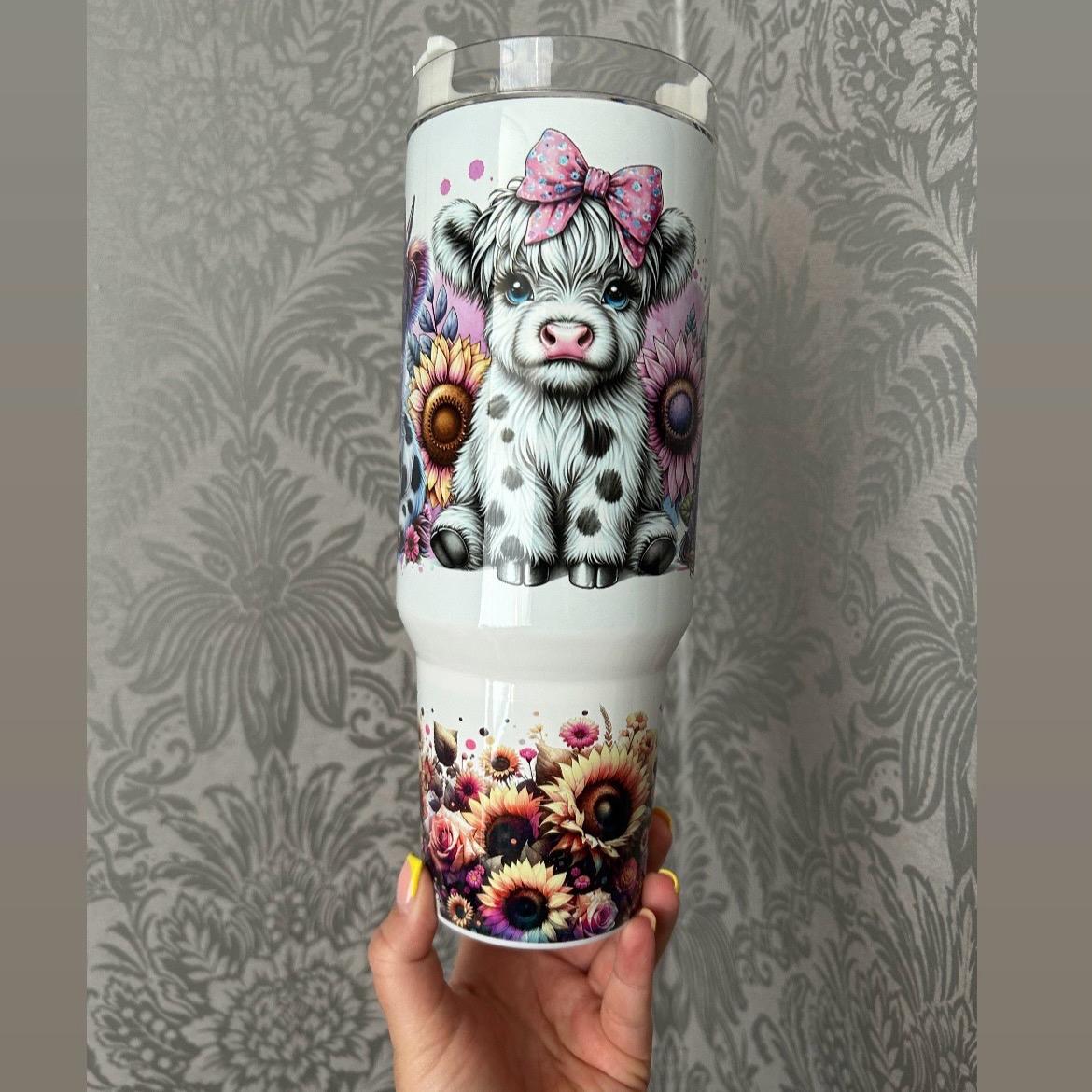 40oz cute cow & sunflowers tumbler quencher cup with handle & straw