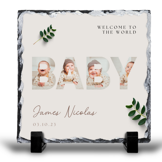 NEW BABY PERSONALISED 20X20CM PHOTO SLATE GLOSS FINISH