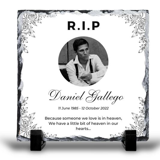 IN LOVING MEMORY PERSONALISED 20X20CM PHOTO SLATE GLOSS FINISH