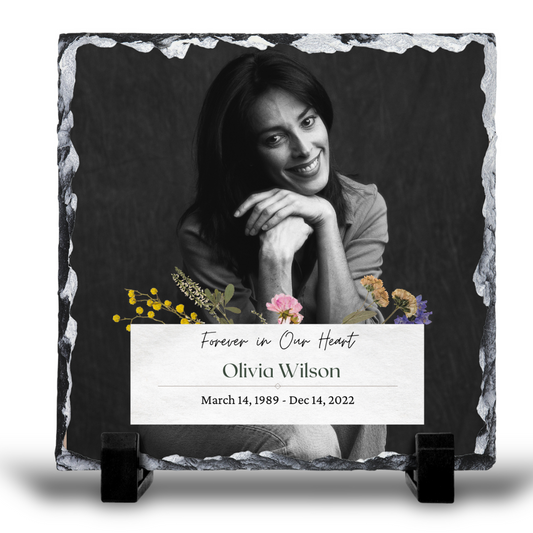 IN LOVING MEMORY PERSONALISED 20X20CM PHOTO SLATE GLOSS FINISH